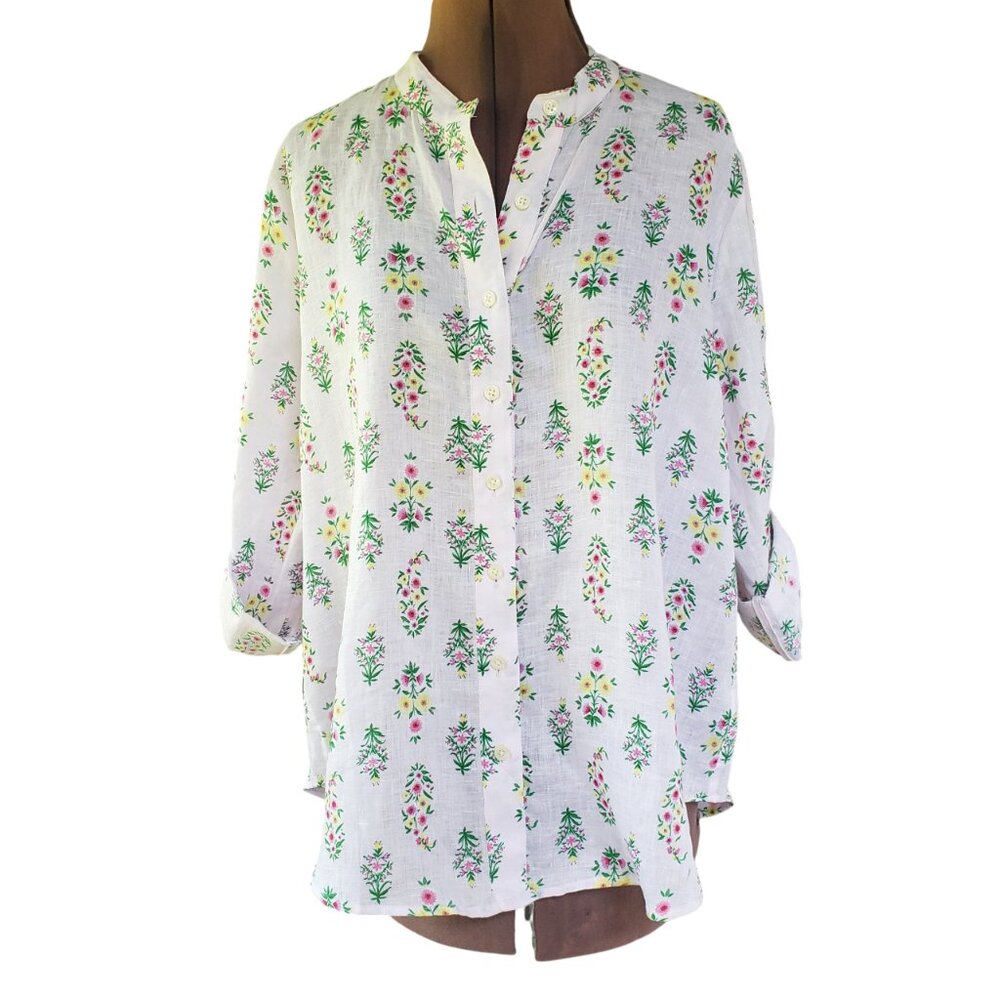 NEW! Ann Taylor 100% Linen Pink Floral Shirt Women's Large